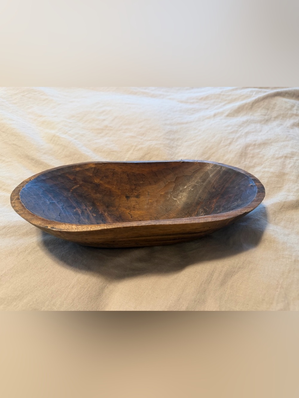 Old Hand Carved Elongated Oval Shaped Dough Bowl Chisel Marks And Dark Wax